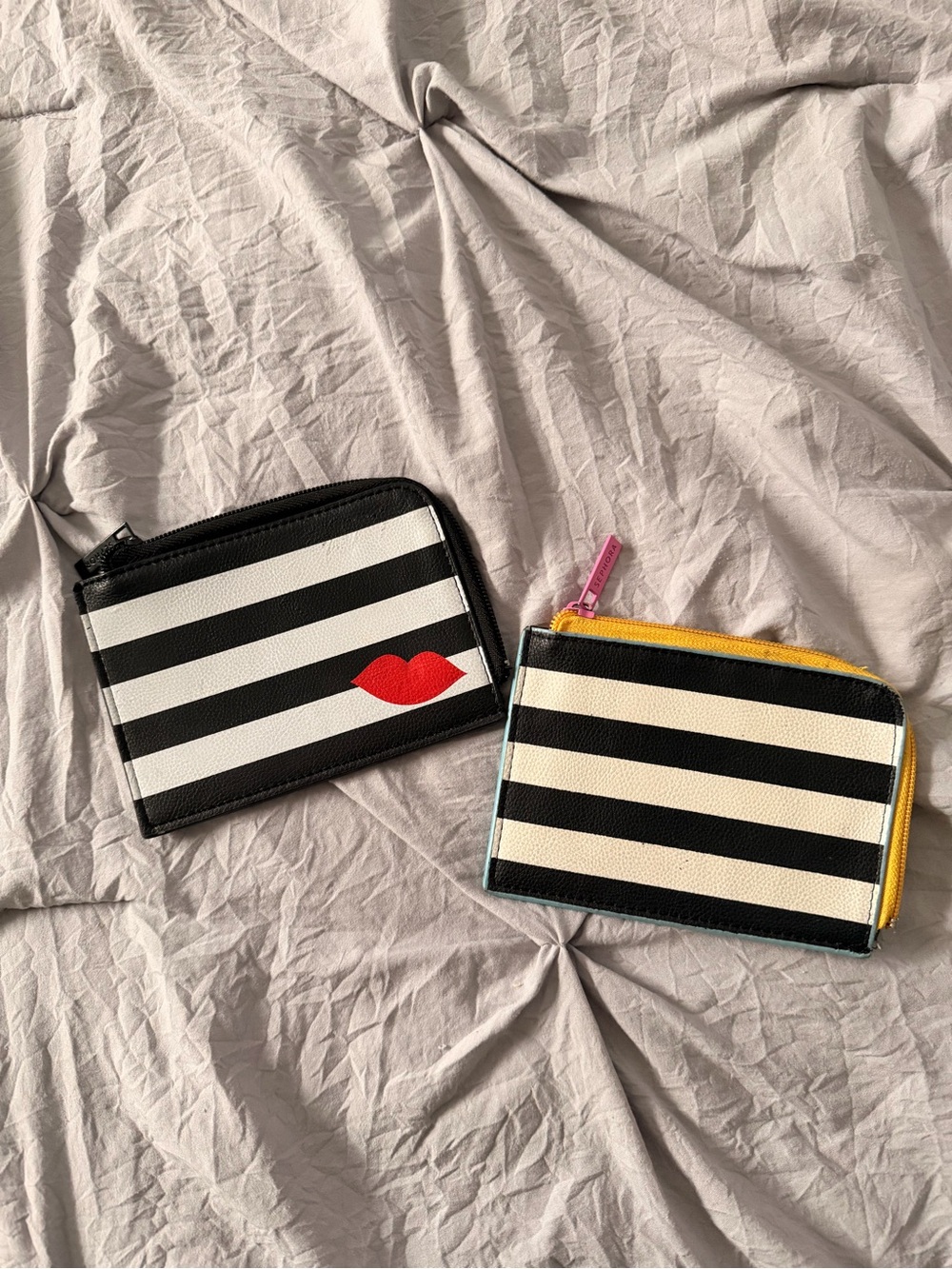 2 Sephora Striped Zip Wallet with Red Lip Accent - Black & White